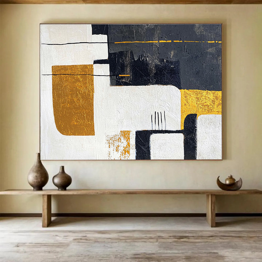 Black White Gold Abstract Painting with Geometric Elegance DYP425