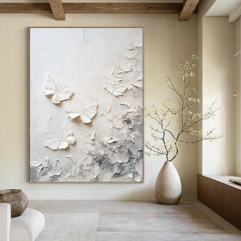 White Textured Butterflies Abstract Painting with Subtle Gray Tones ADGE448
