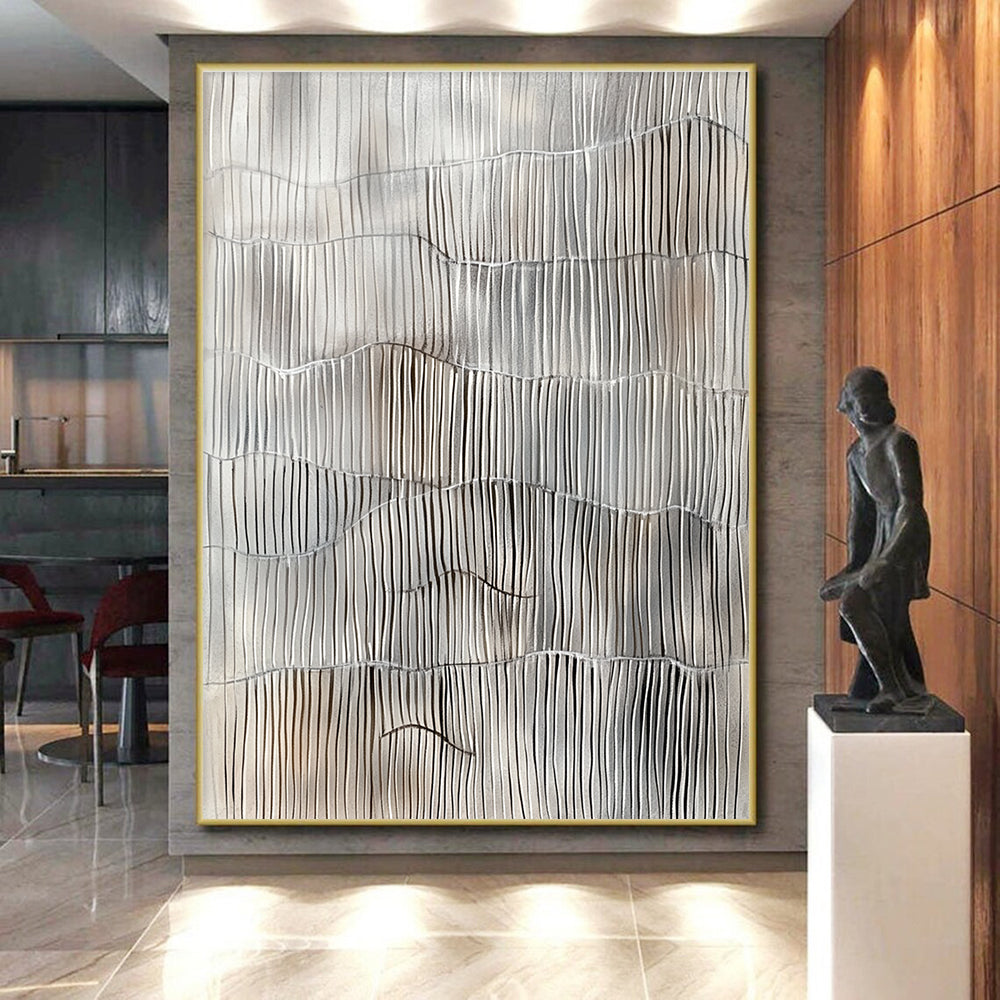 Gray and White Line Abstract Painting with Wavy Rhythms GER105