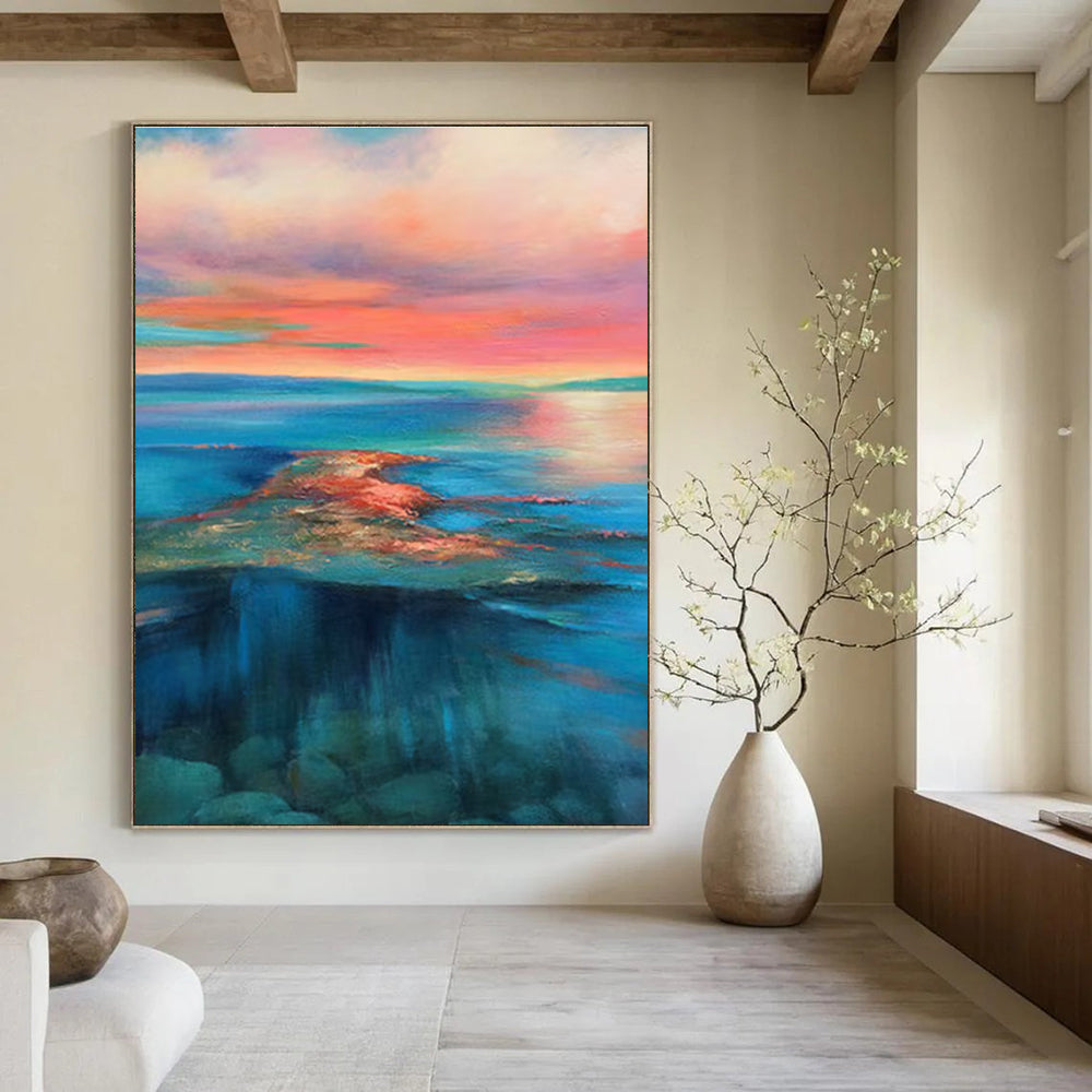 Pink and Blue Sunset Sea Abstract Painting for Relaxing Corners ADGE051
