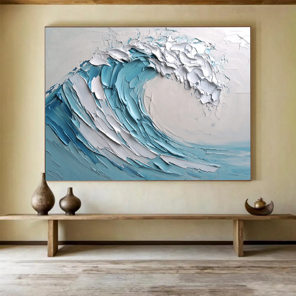 Large abstract painting of a wave featuring light blue and white colors with thick impasto texture. Perfect for modern decor.SC002