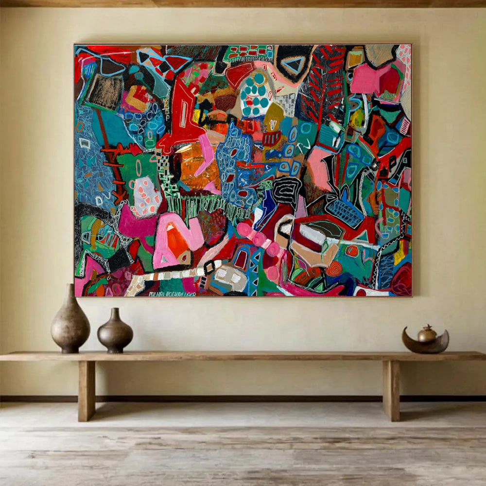 Vibrant Geometric Mosaic Abstract Painting with Bold Color Blocks THY242