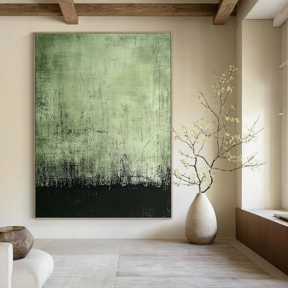 Large abstract painting featuring a dark green background with black edges and subtle gray textures for a mysterious aged effect.STSC398