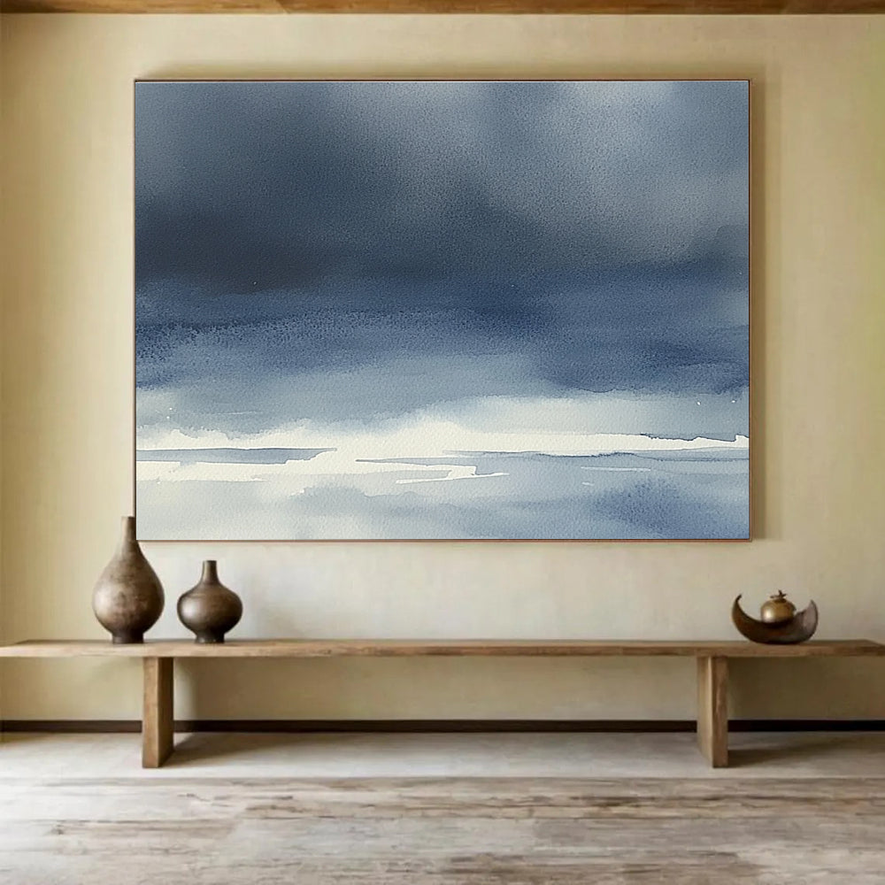 Blue Gradient Seascape Watercolor Abstract Painting with Soothing Tones DYP614