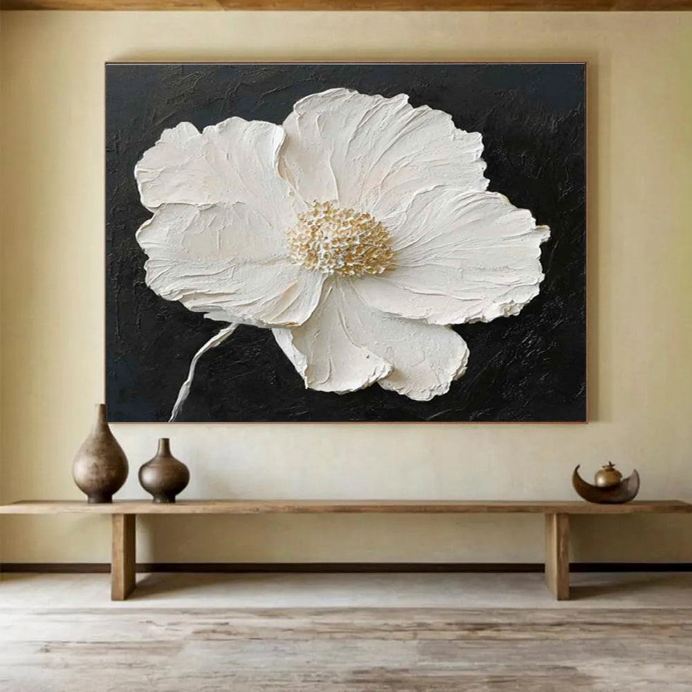 Textured White Flower on Black Background Abstract Painting THY090