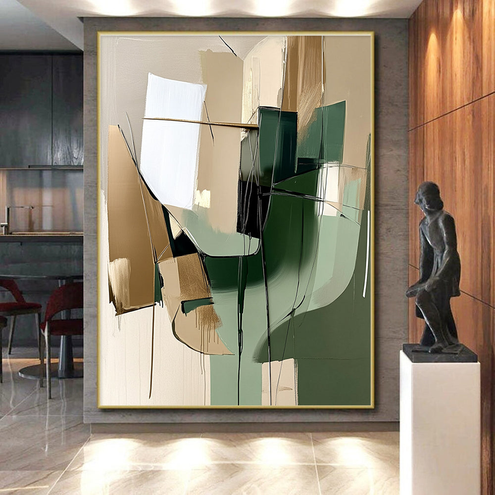 Green and Beige Abstract Painting with Dynamic Lines GER442
