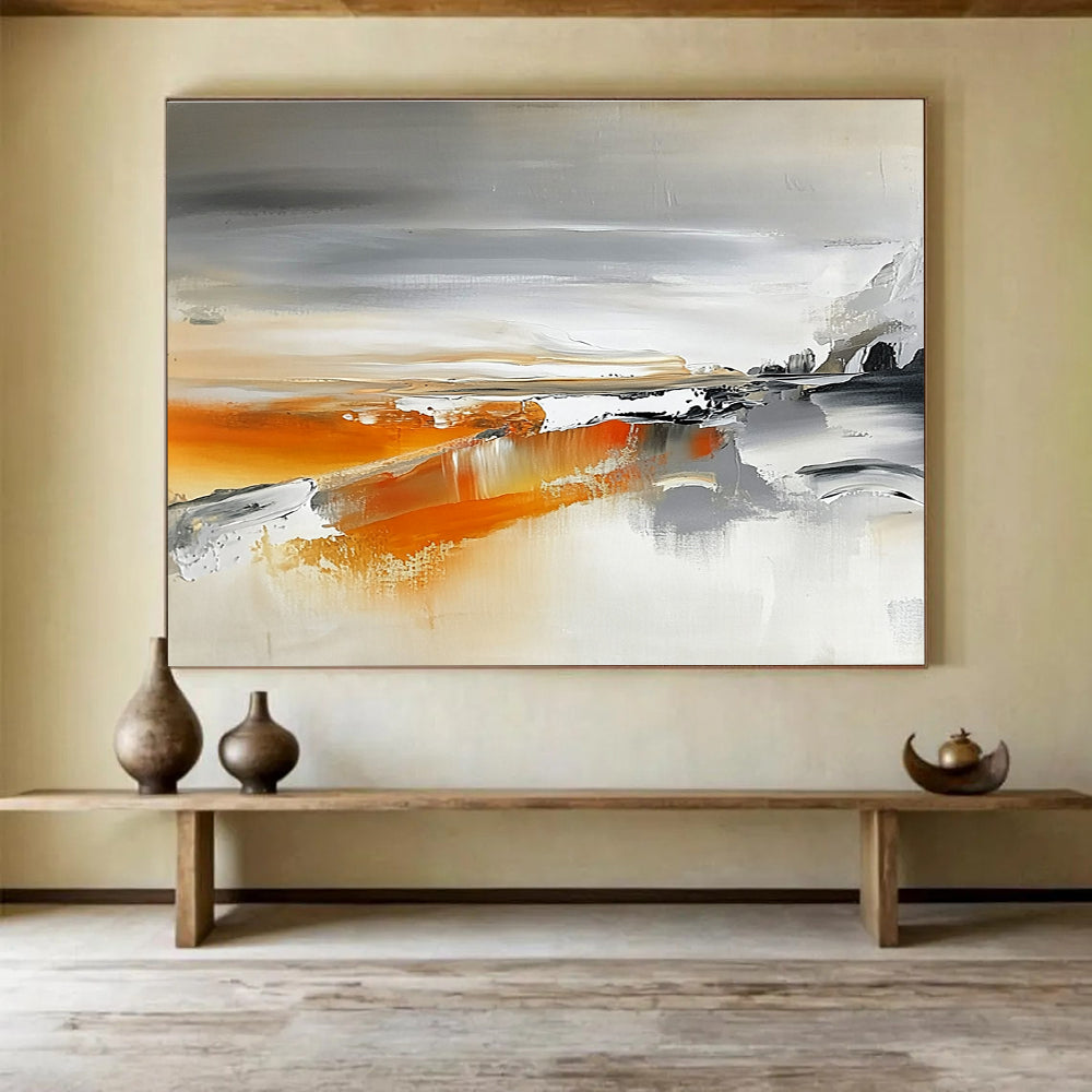 Gray and Orange Abstract Landscape Painting with Flowing Textures DYP316