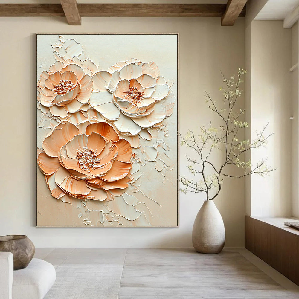 A Large Abstract Painting Featuring Peach and Cream-Colored Flowers in Embossed Oil Texture Ultra-High Resolution Artistic Detail.STSC453