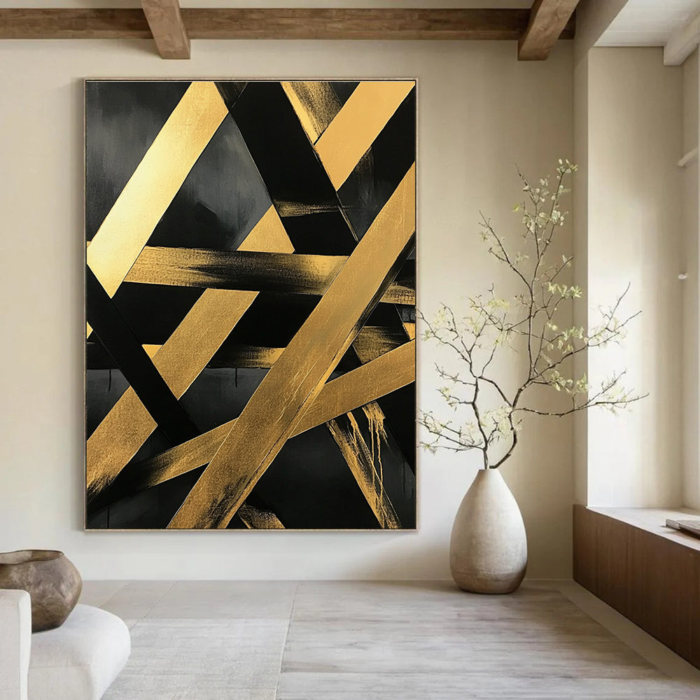 Large abstract painting featuring gold and black diagonal lines on a dark gray background with textured brushstrokes and intertwined golden metal beams.STSC1129