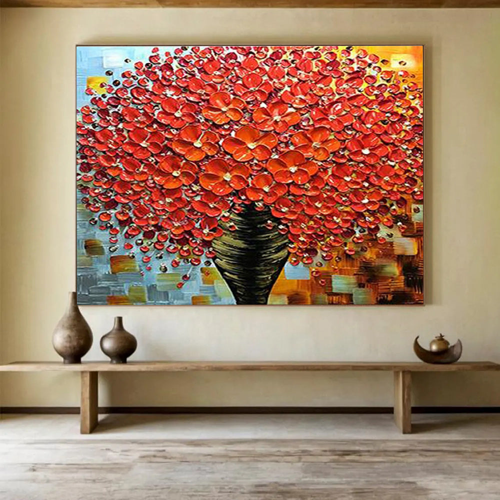 Red Flower Vase Abstract Painting with Textured Petals THY226