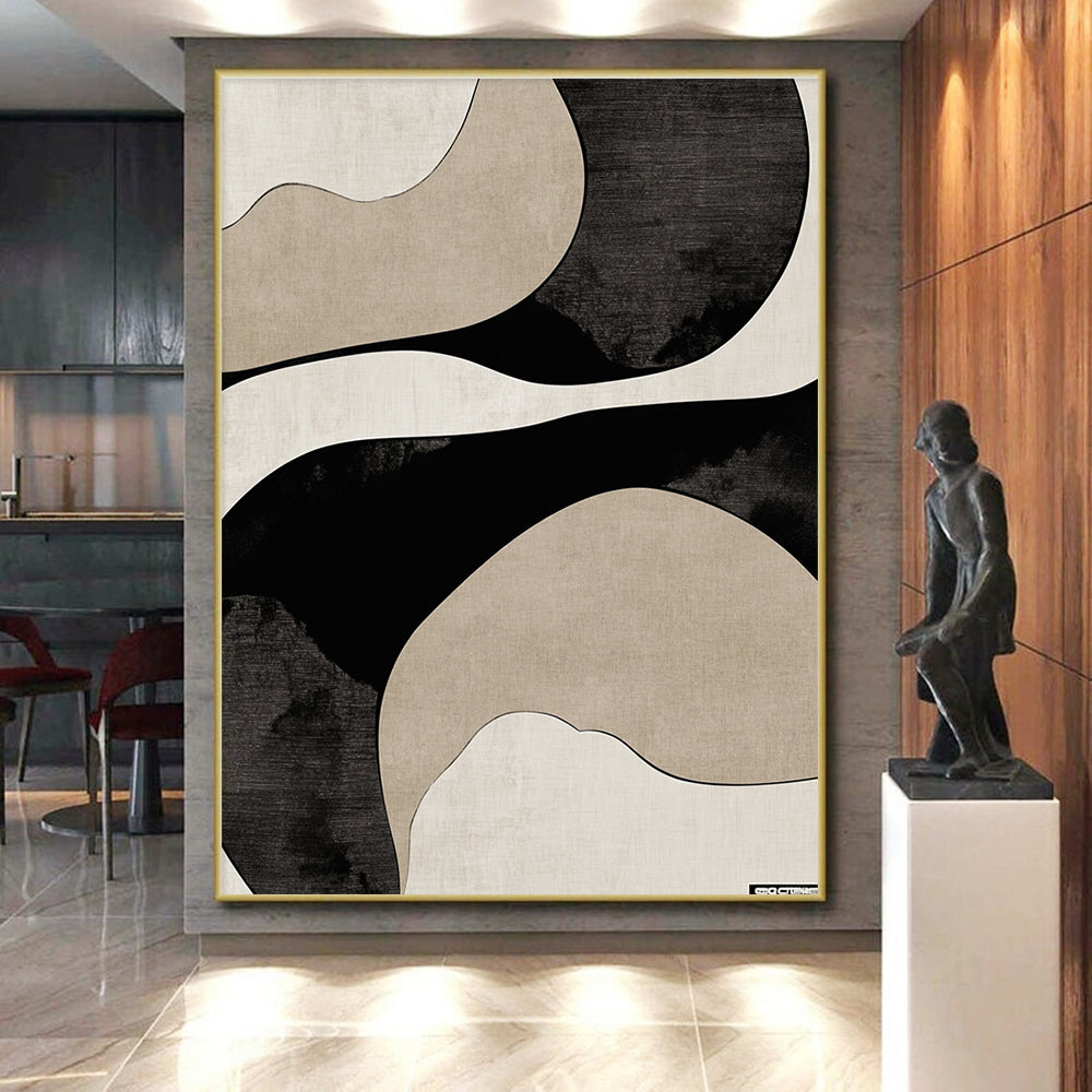 Black and Beige Curved Abstract Painting with Flowing Lines GER064
