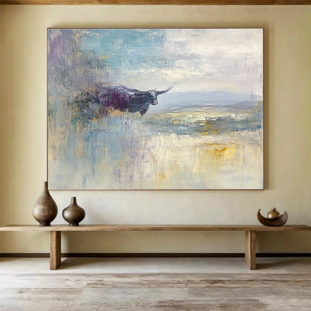 Large abstract painting depicting a flying cow over the English Lake District with a vast sky in shades of blue grey lavender cream and pale yellow.SC485