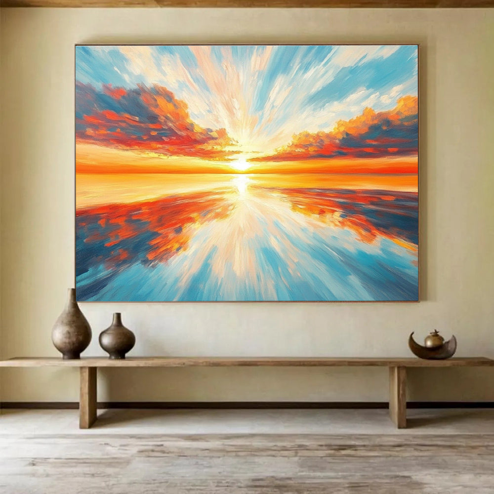 Radiant Sunset Sea Abstract Painting with Orange Red and Blue Tones DYP562