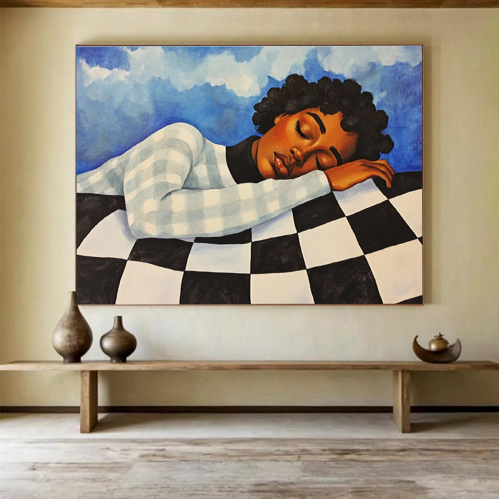 An abstract painting featuring an African American woman in a checkered sweater, resting against a blue sky with clouds, evoking a vintage 1970s style.SC402