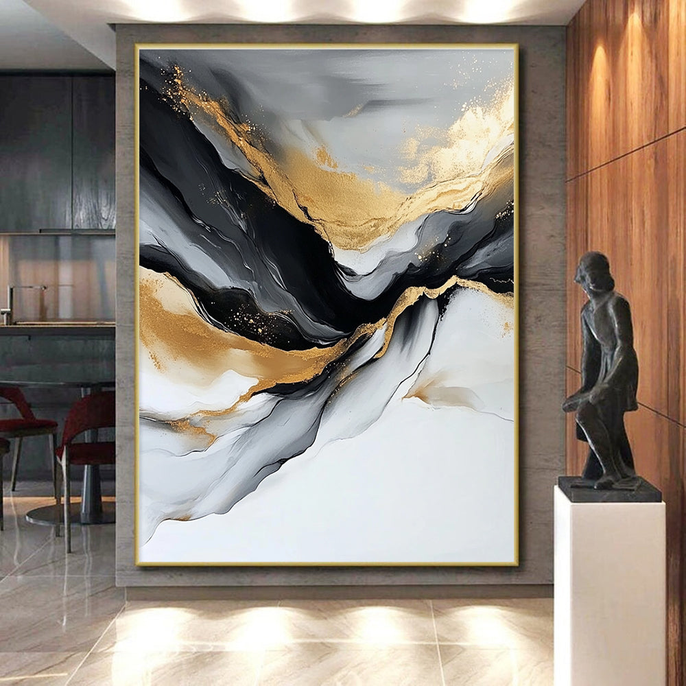 Gold Black and Gray Abstract Painting with Flowing Lines GER417
