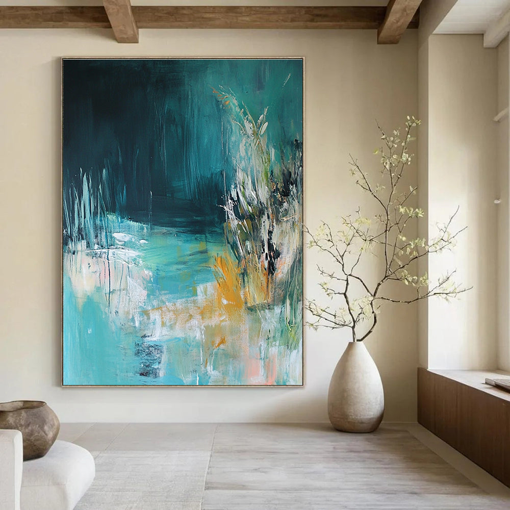 Large abstract painting of an underwater scene featuring light blue and green tones inspired by the style of Kathryn Statsny.STSC275
