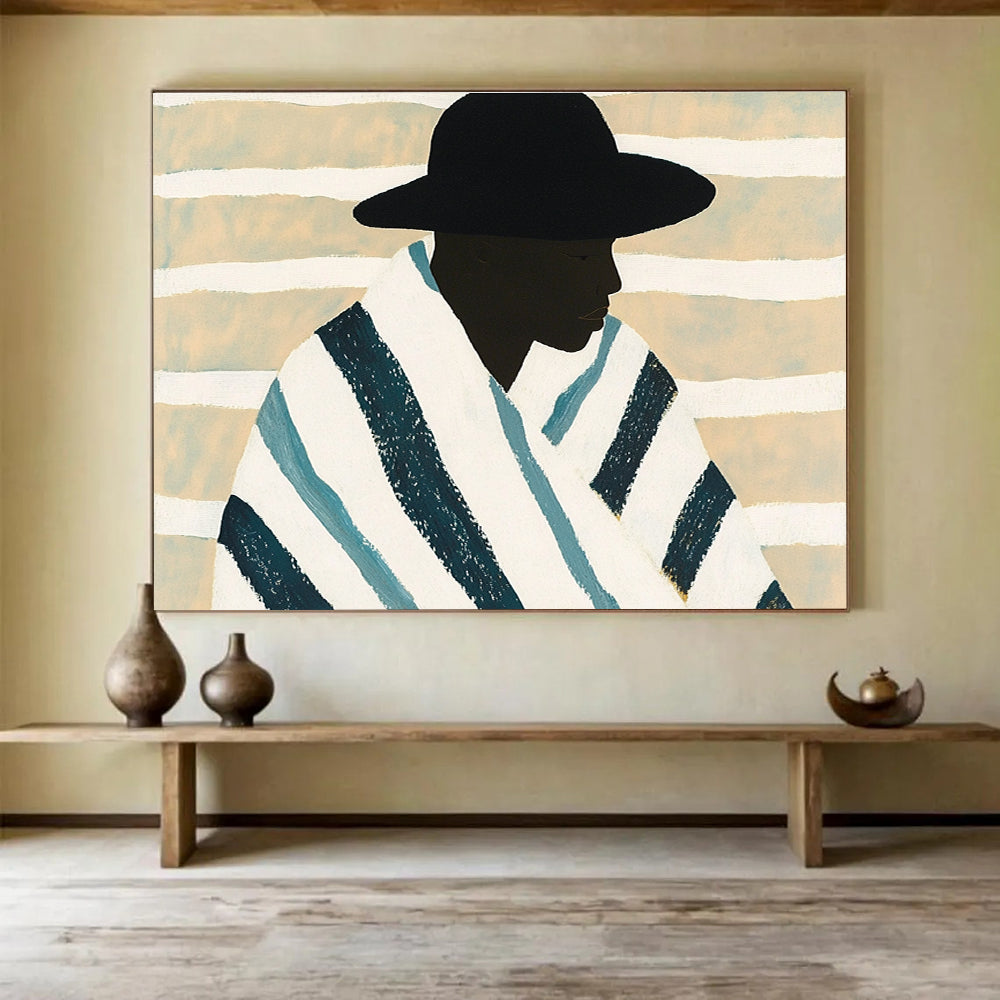 An abstract painting featuring an African man in a blue and white striped blanket against a minimalist beige background with white stripes.SC399