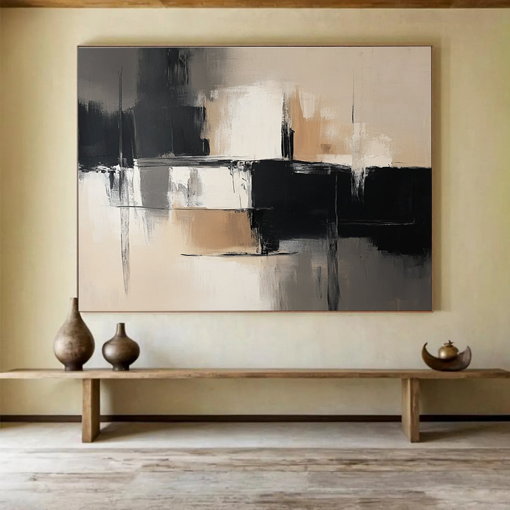 Abstract painting in black and white tones with beige accents showcasing simple lines, brushstrokes, and textured layers for harmonious light and shadow contrast.SC229