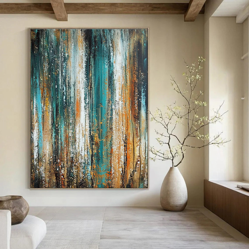 Large abstract oil painting featuring vertical textures in green and blue with brown and orange accents in a vintage style.STSC205