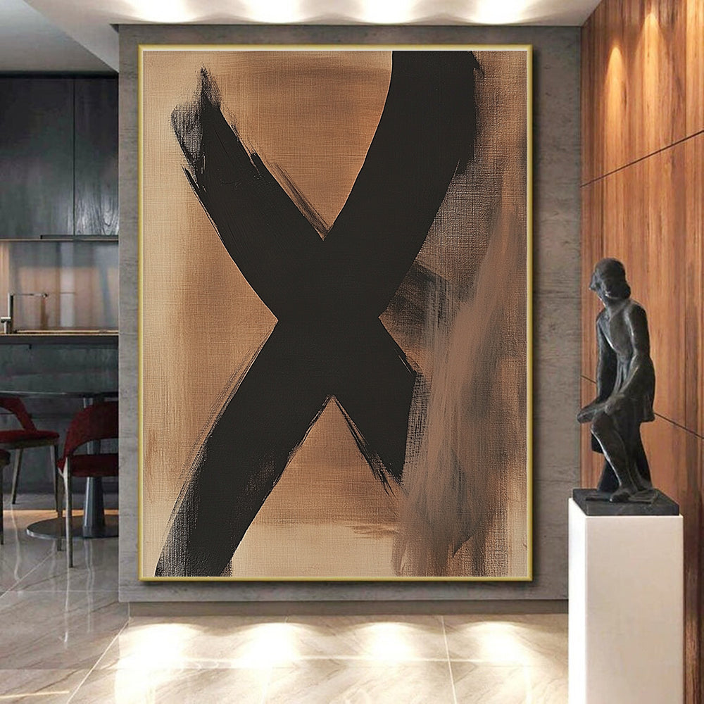 Black X on Beige Abstract Painting with Bold Brushstrokes GER017