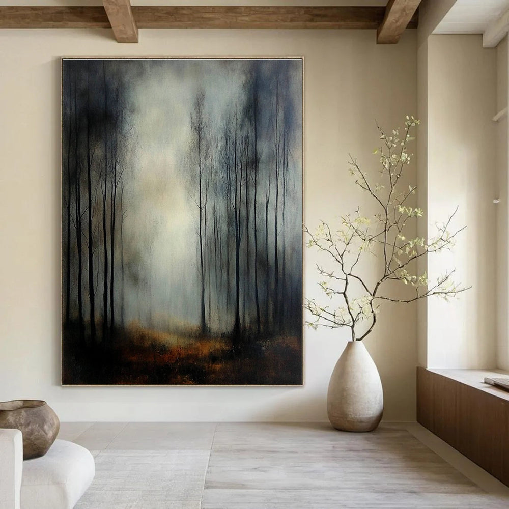 Large Abstract Painting of a foggy autumn forest featuring thin trees and chiaroscuro lighting for a dramatic mysterious atmosphere.STSC1306
