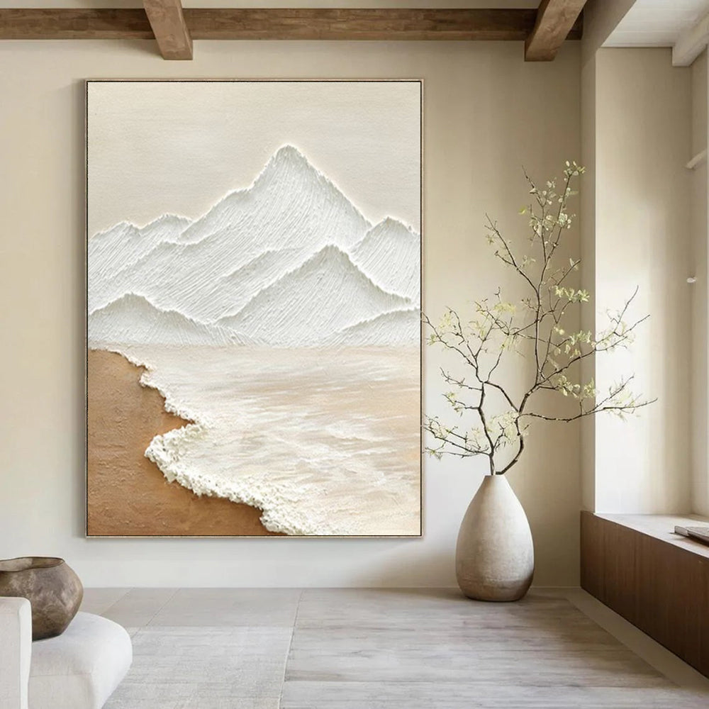 Textured Mountain and Sea Abstract Painting in White and Beige ADGE273