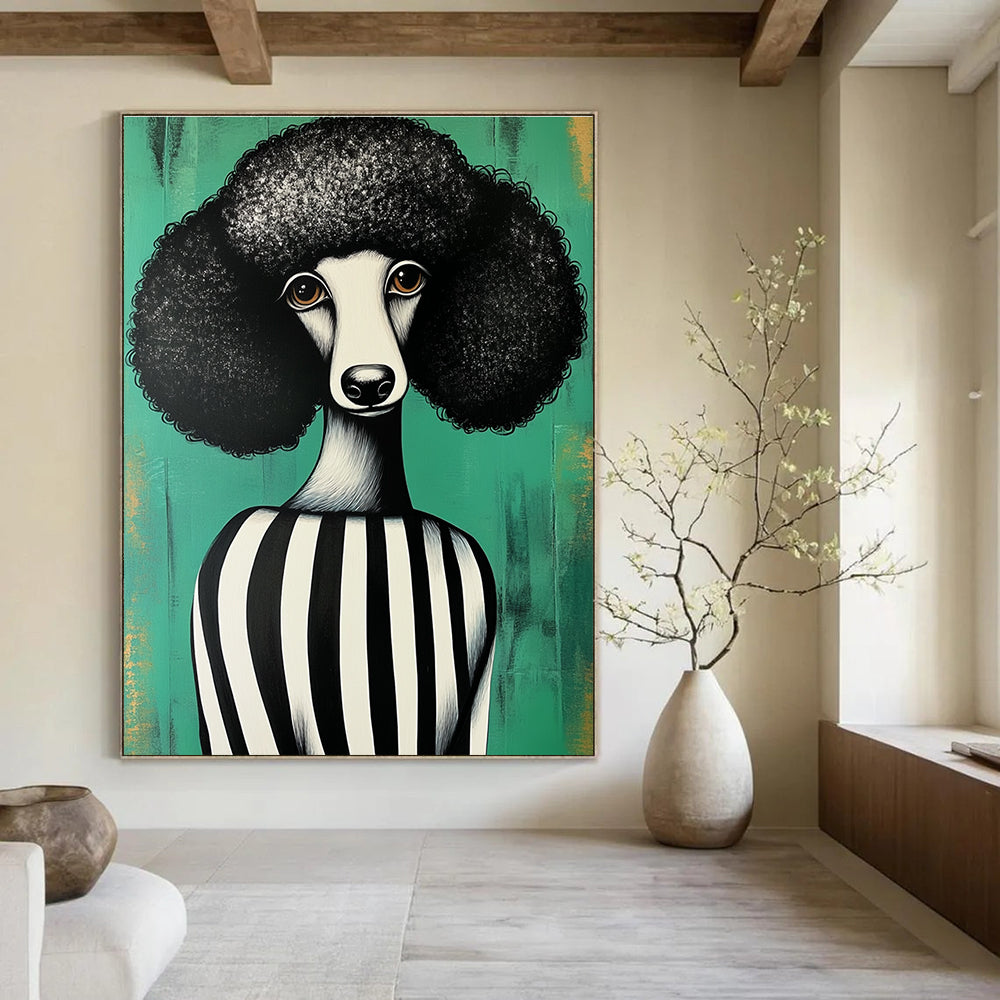Abstract painting featuring a black and white poodle in a striped dress against a green background inspired by Shepard Fairey style.STSC912