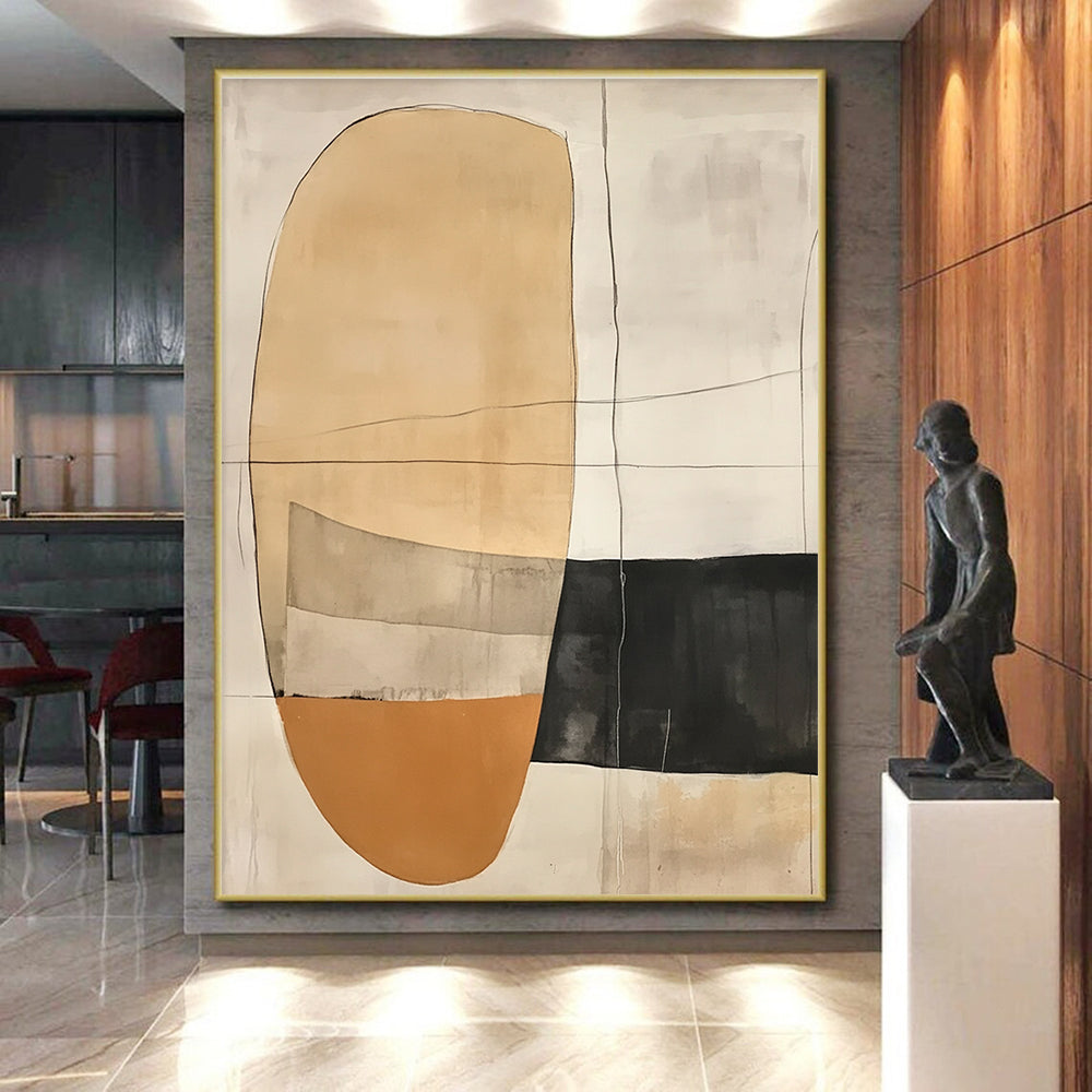 Earth - Toned Geometric Abstract Painting with Delicate Lines GER226