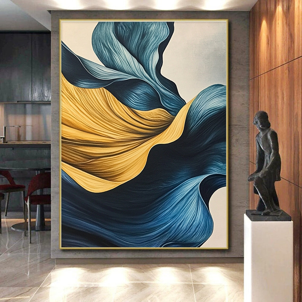 Blue and Yellow Flowing Abstract Painting with Smooth Curves GER049