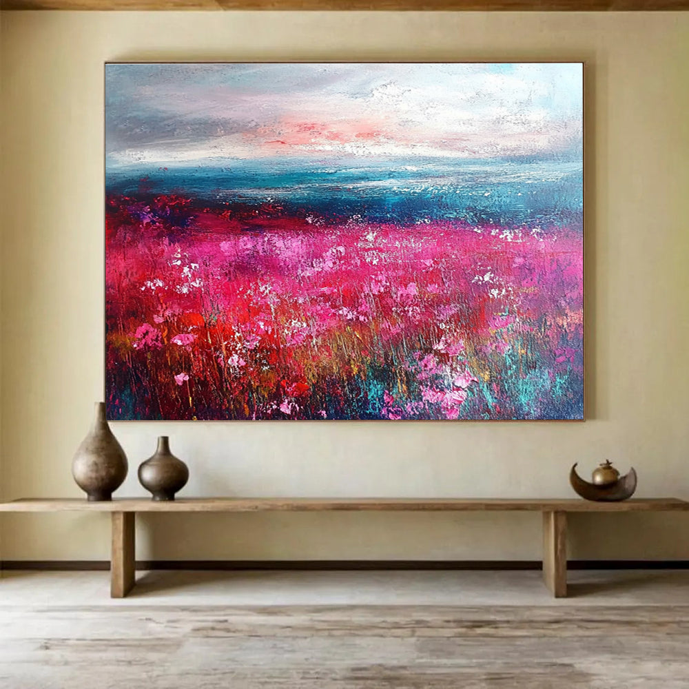 Pink Flower Field by the Sea Abstract Painting DYP472