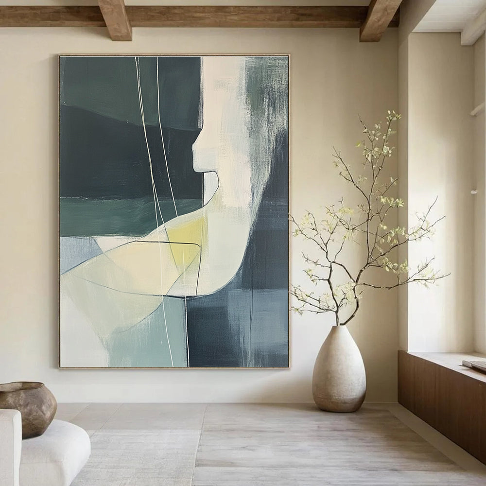 Large abstract painting featuring a woman's body in soft green and grey tones with white lines and yellow details on a black background.STSC672