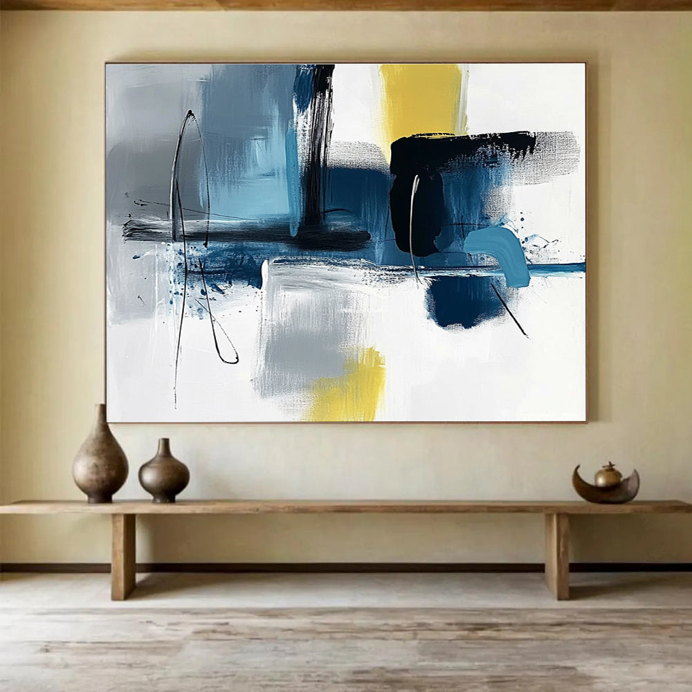 Blue Grey and Yellow Abstract Painting with Dynamic Brushstrokes DYP194