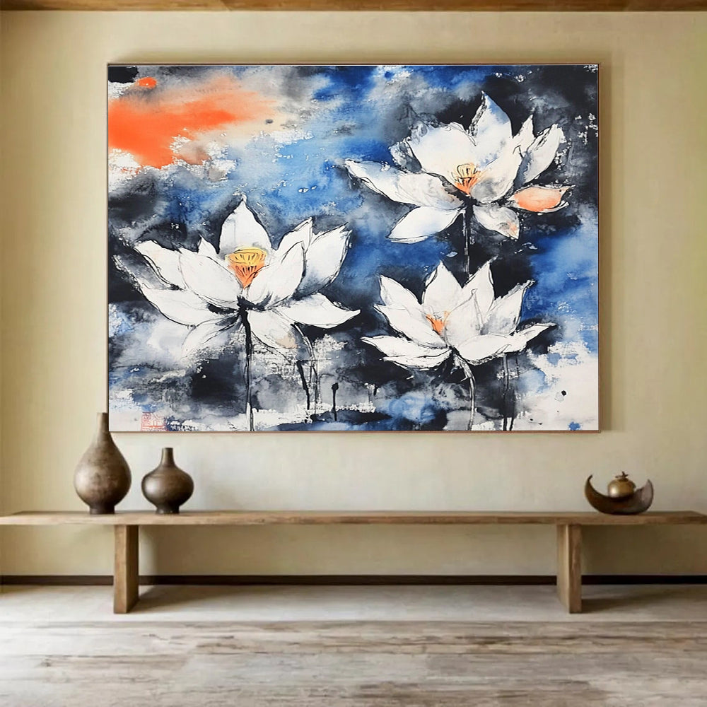 Ink - Wash Lotus Flowers Abstract Painting with Blue Black and White Tones DYP580
