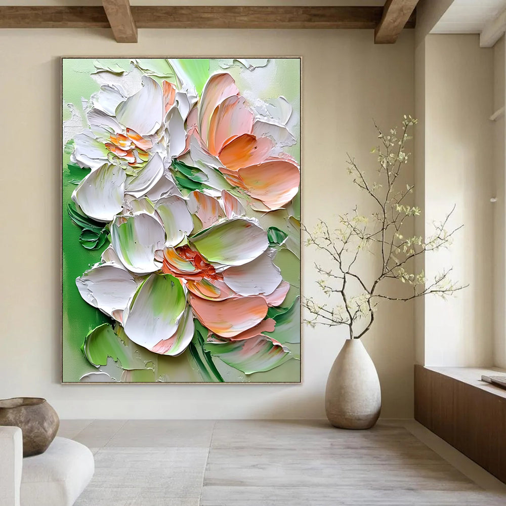 Large abstract painting with thick brushstrokes featuring super-detailed flowers in white pink and green colors for a vibrant artistic expression.STSC1401