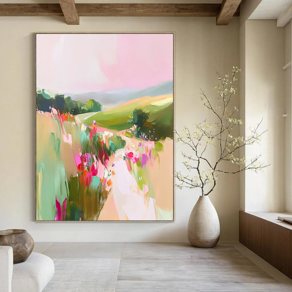 A large abstract painting of English countryside with pastel pinks and greens featuring rolling hills and wildflowers for a romantic tranquil atmosphere.STSC1202