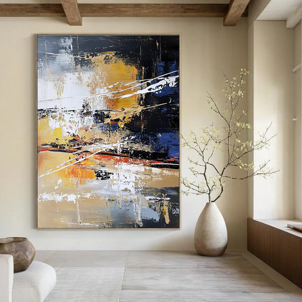 Large abstract painting features layers of colors and textures with white lines depicting water trees and a river in an urban landscape.STSC766