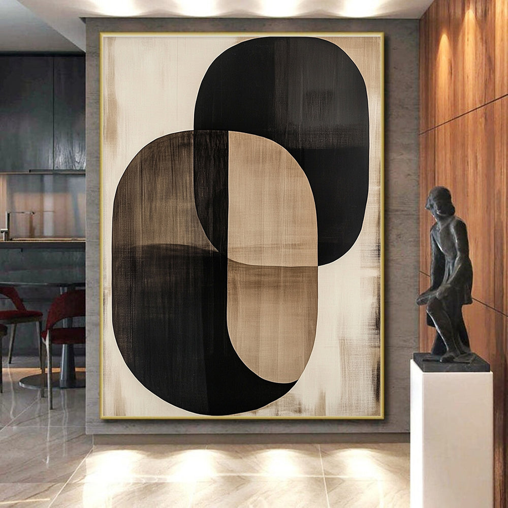 Overlapping Black and Beige Oval Abstract Art GER244