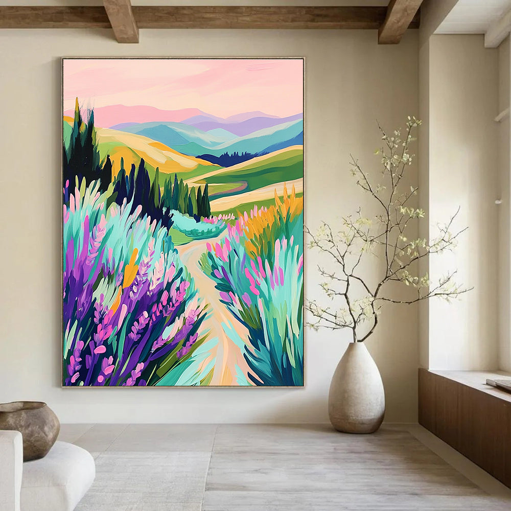 A large abstract painting featuring vibrant rolling hills lavender fields and a pastel sky with playful brushstrokes that create a serene lively atmosphere.STSC1224