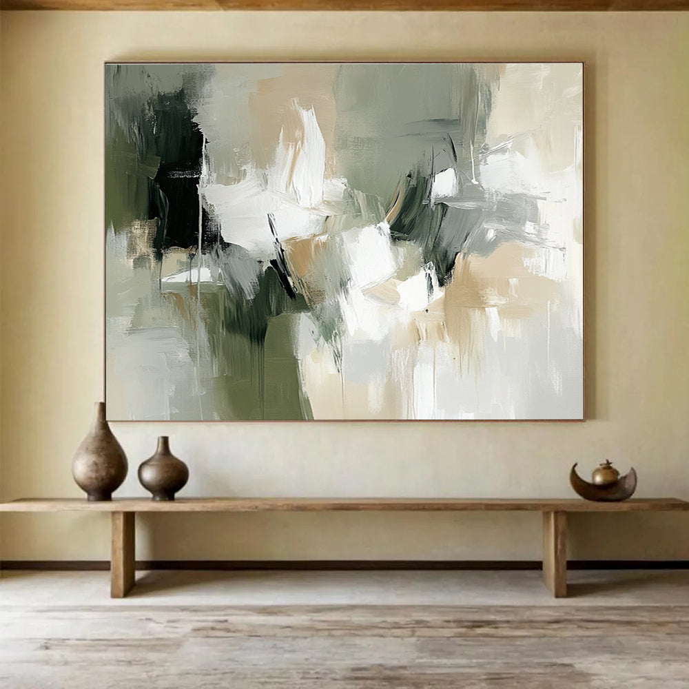 Large abstract painting in white, beige, and green with organic brush strokes and shapes, evoking a naturalistic style.SC219