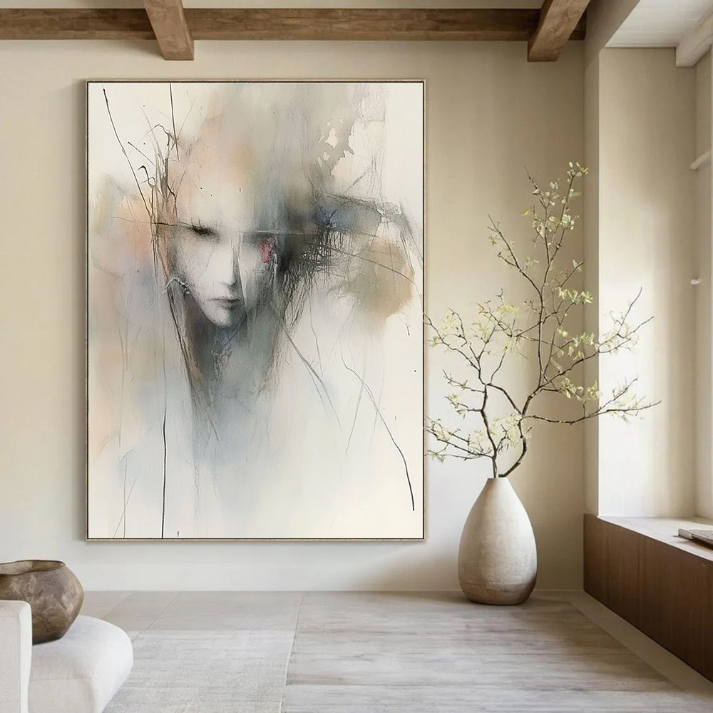 Large abstract watercolor painting featuring atmospheric muted tones and emotional gestures inspired by Peter Wileman and Cecily Brown.STSC840