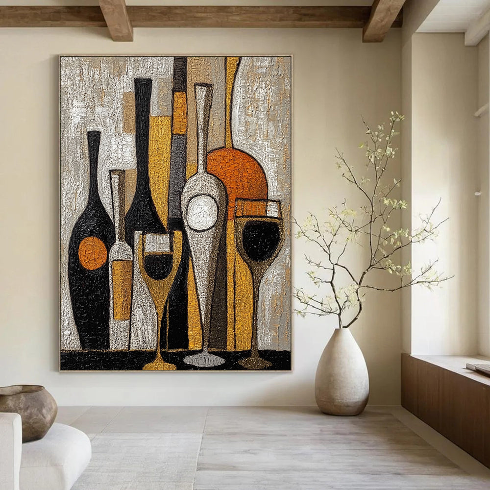 Large abstract painting featuring wine bottles and glasses with textured black white orange and gold embroidery.STSC369
