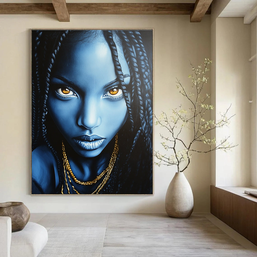 Abstract painting featuring an African American woman with long black braids and glowing blue face against a dark gray background adorned with gold necklaces.STSC1273