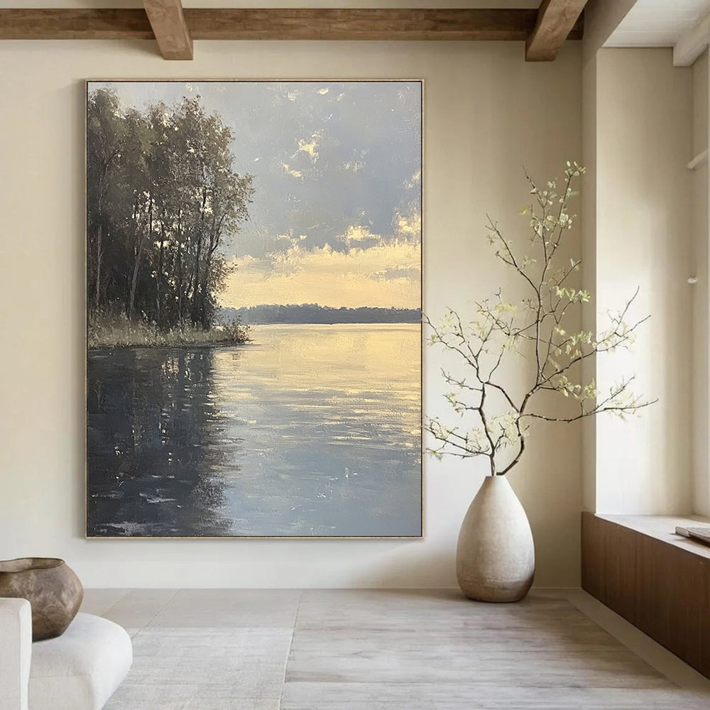 Large abstract painting capturing an overcast lake with tree silhouettes and serene gray reflections in the evening light.STSC885