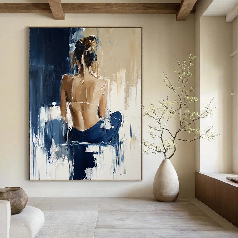 Abstract oil painting showcasing a woman in Hunkemöller collection with beige and navy blue tones and expressive brush strokes reminiscent of Richard Schmid.STSC175