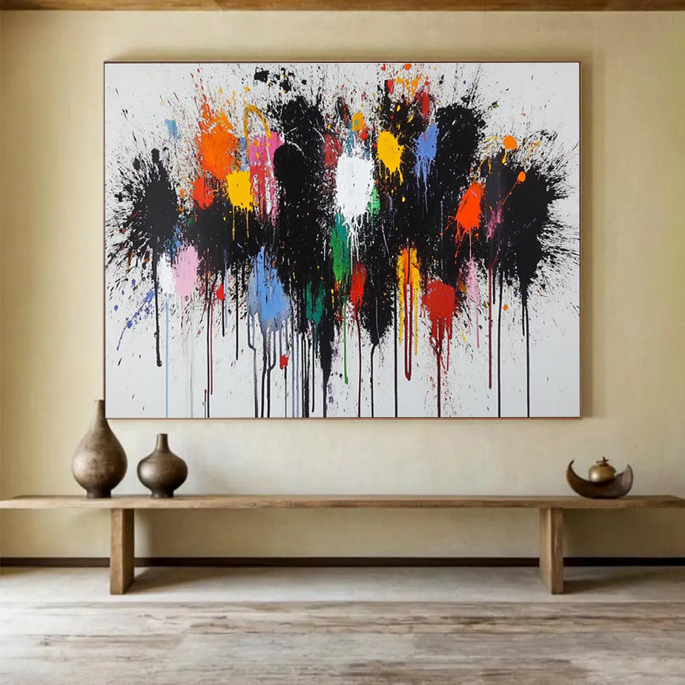 Color Splash Abstract Painting with Black, Colorful Drips THY193