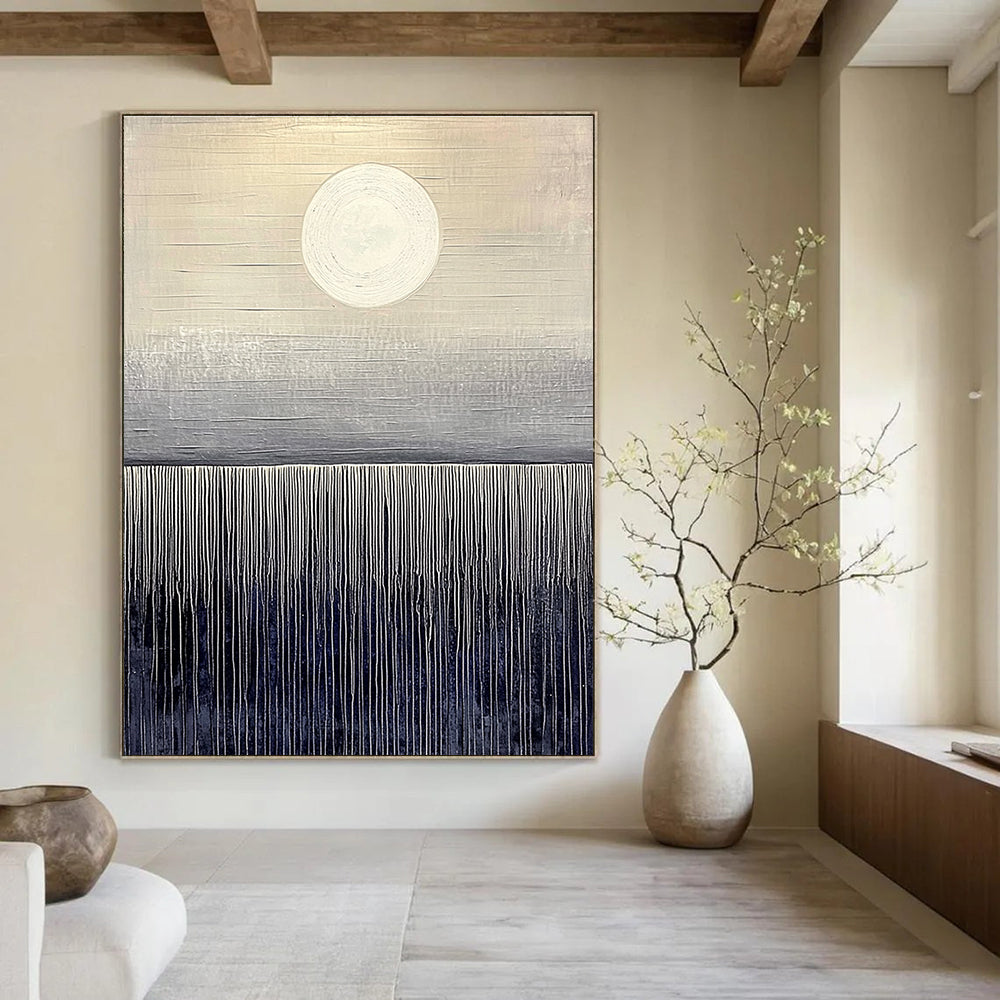 Large abstract painting featuring dark gray and light beige hues with a serene sunrise over a deep sea horizon on canvas board.STSC1030