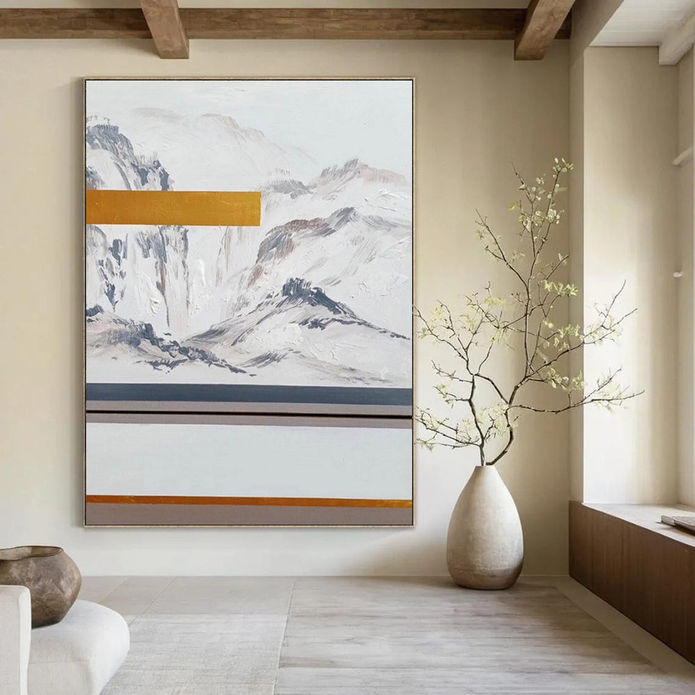 White Grey Gold Mountain Abstract Painting ADGE045