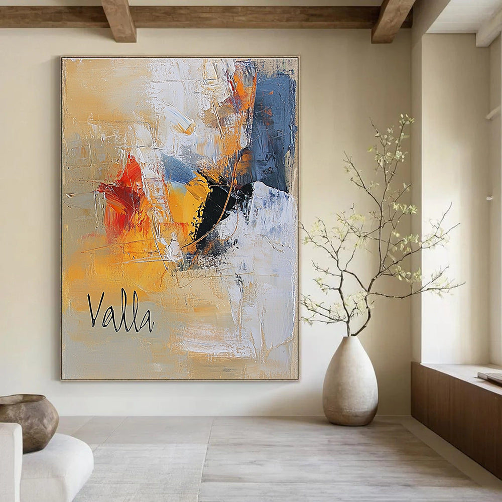 Large abstract oil painting in warm beige and cool whites features cursive "Valla" with textured brushstrokes and two happy figures in black attire.STSC580