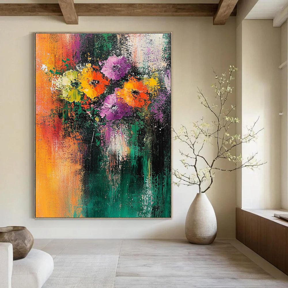 Large abstract painting featuring flowers with vibrant orange green yellow purple and teal colors textured background and emotional brush strokes.STSC307