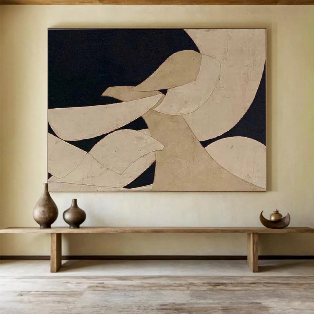 Minimalist Geometric Abstract Painting with Neutral Shapes and Dark Background THY249